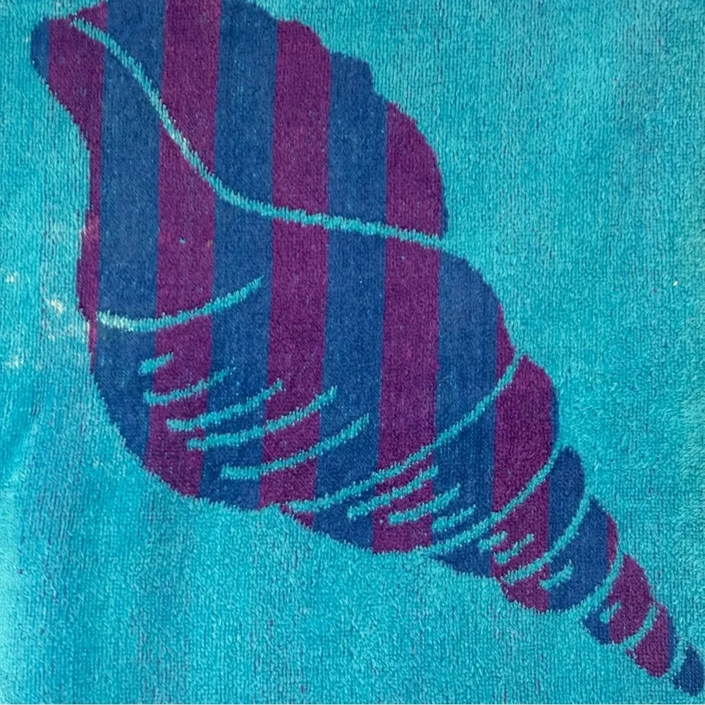 Vtg Beach towel 100% Cotton 27X56 blue green starfish seashells EUC NICE